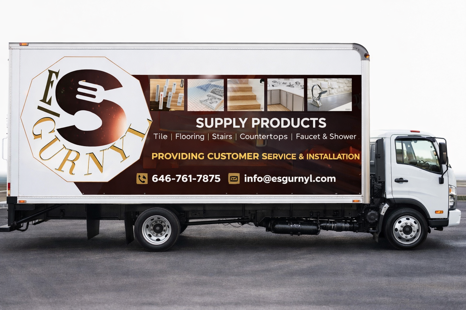 A truck advertising Egurnyl Supply Products, including tile, flooring, stairs, countertops, faucet, and shower. The truck mentions providing customer service and installation, with a phone number and email.