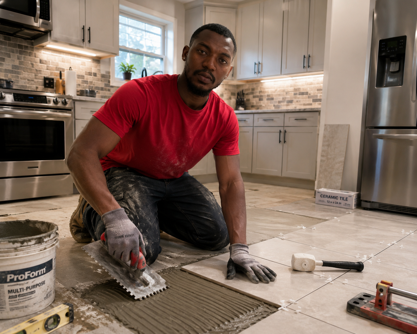 A man kneeling on the floor of a kitchen, installing ceramic tiles. He is wearing a red shirt, black pants with white dust marks, and work gloves. There are tools and a bucket nearby, and partially tiled floor.