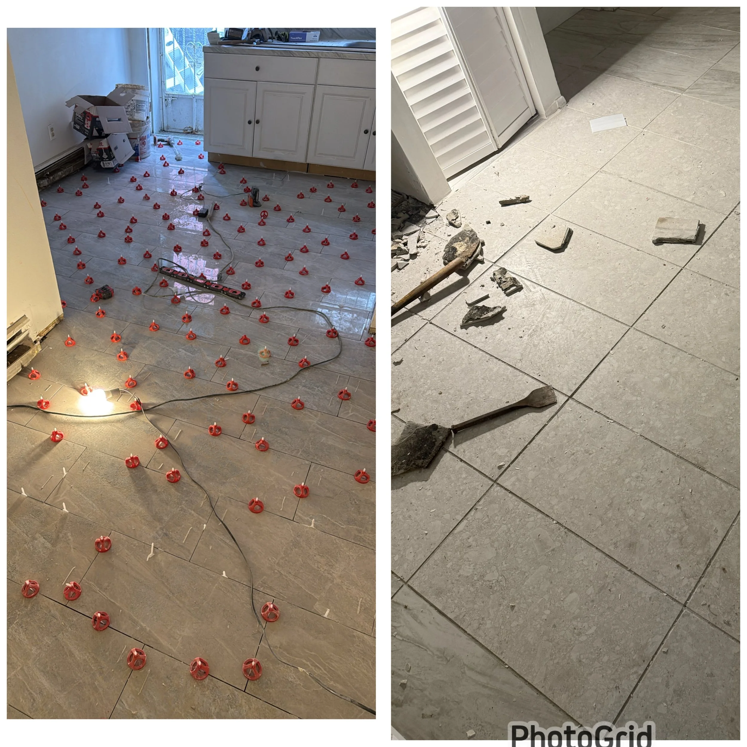 The left side shows a room under renovation with tiles partially removed, construction tools, and red spacers on the floor. The right side shows a close-up of a floor with broken tiles, debris, and a hammer.