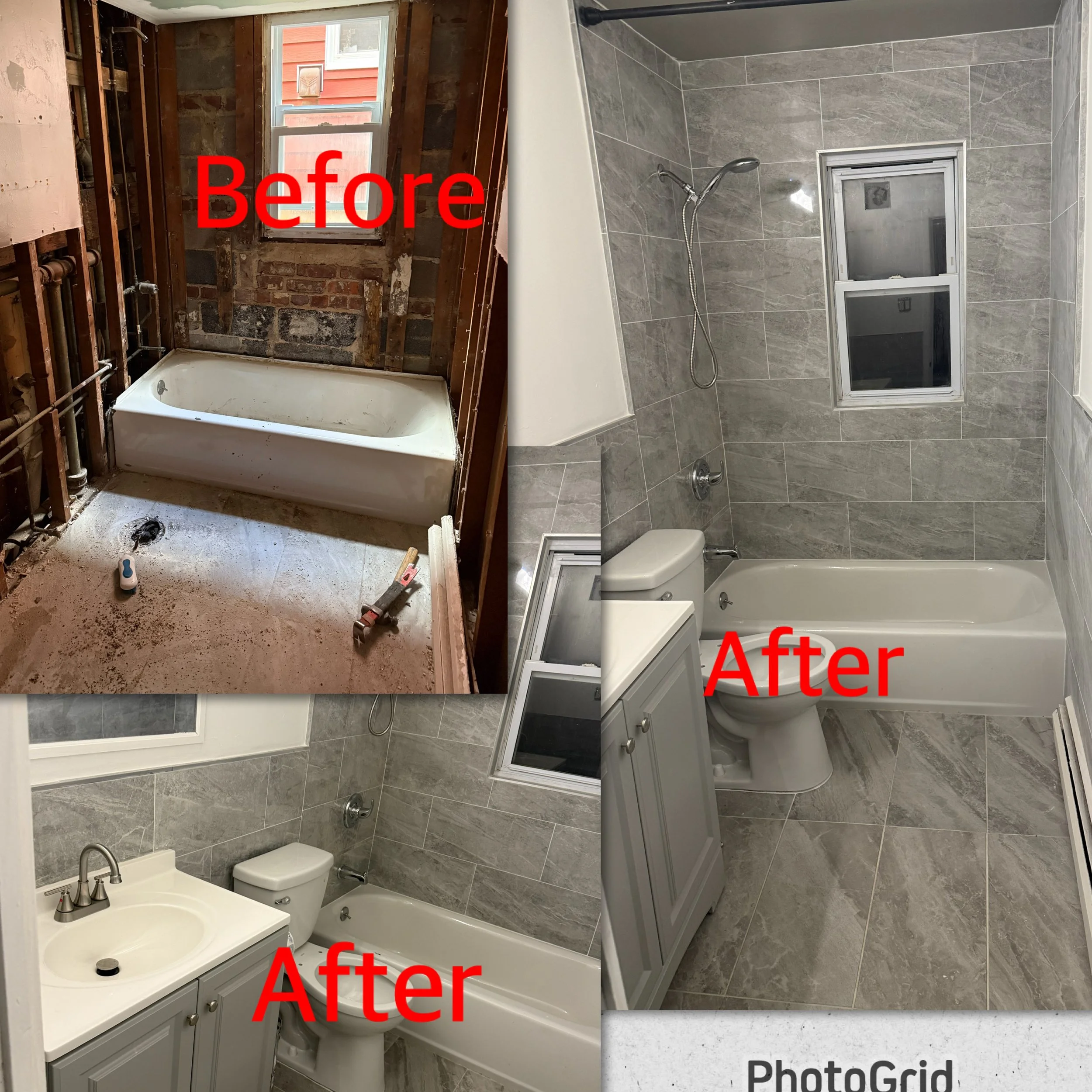 Side-by-side comparison of a bathroom before and after renovation. The 'Before' image shows an unfinished space with exposed studs, a bathtub, and a window. The 'After' image displays a completed bathroom with tiled walls, a toilet, sink, and a frost