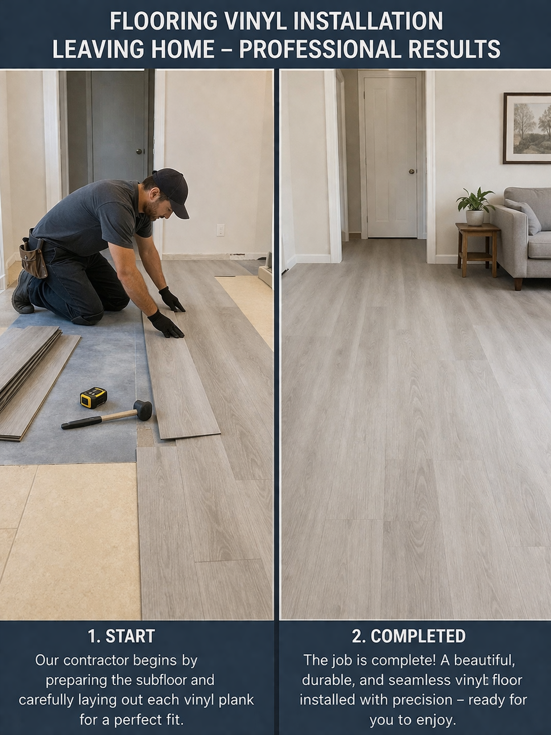 Comparison of a room before and after vinyl flooring installation. The left side shows a person kneeling, laying vinyl planks on the floor, while the right side shows the finished, seamless light wood vinyl floor in a living room with a gray sofa, side table, and plants.
