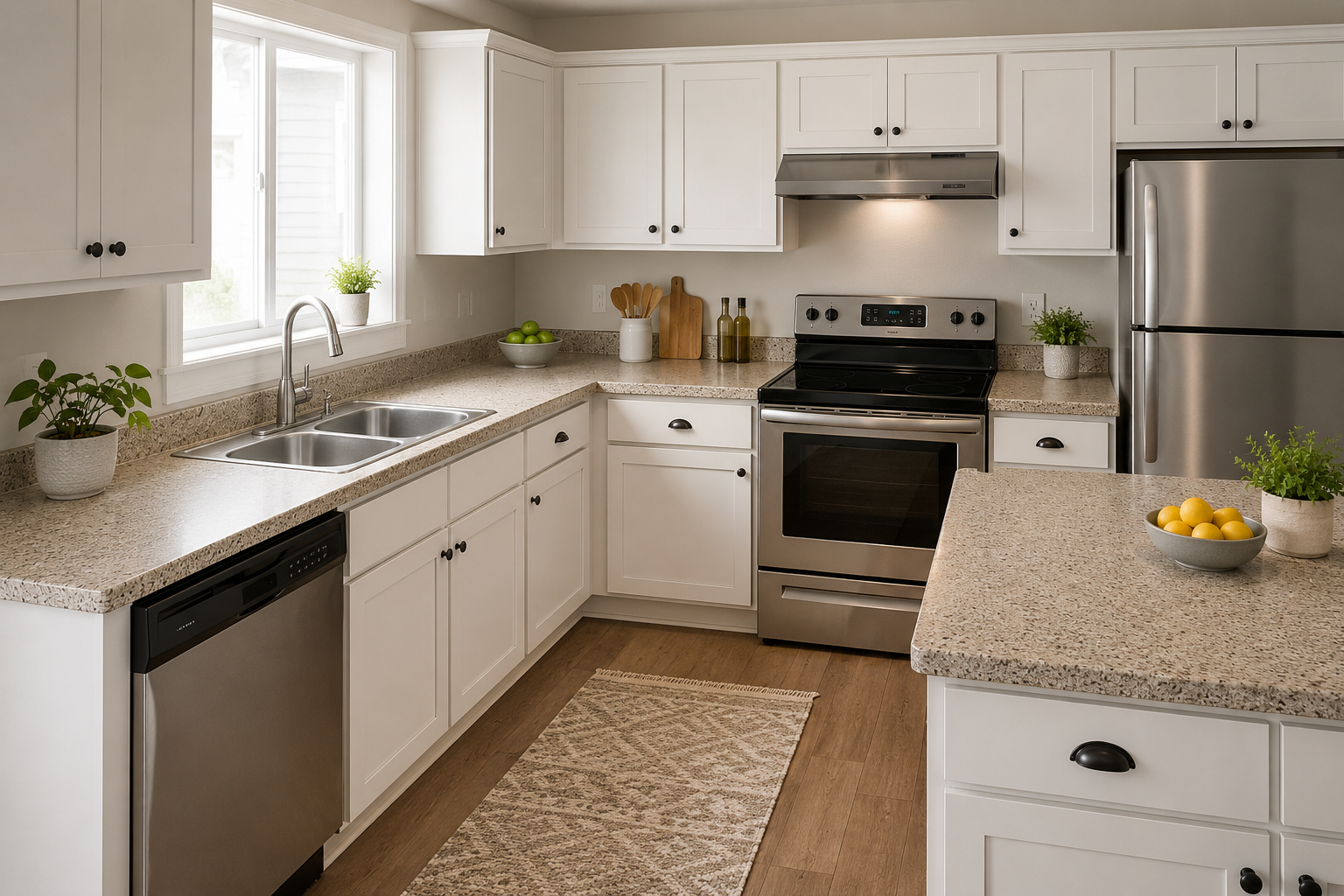 A modern kitchen with white cabinets, beige countertops, stainless steel appliances, a double sink, potted plants, a bowl of green apples, and a small rug on a wood floor.