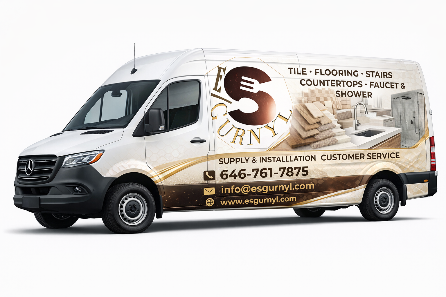 A white delivery van with branding for Esgurnyl, a company that supplies and installs tiles, flooring, stairs, countertops, faucets, and showers. The van features a large logo, a photo of stacked towels, a sink and shower, and contact information including phone number, email, and website.