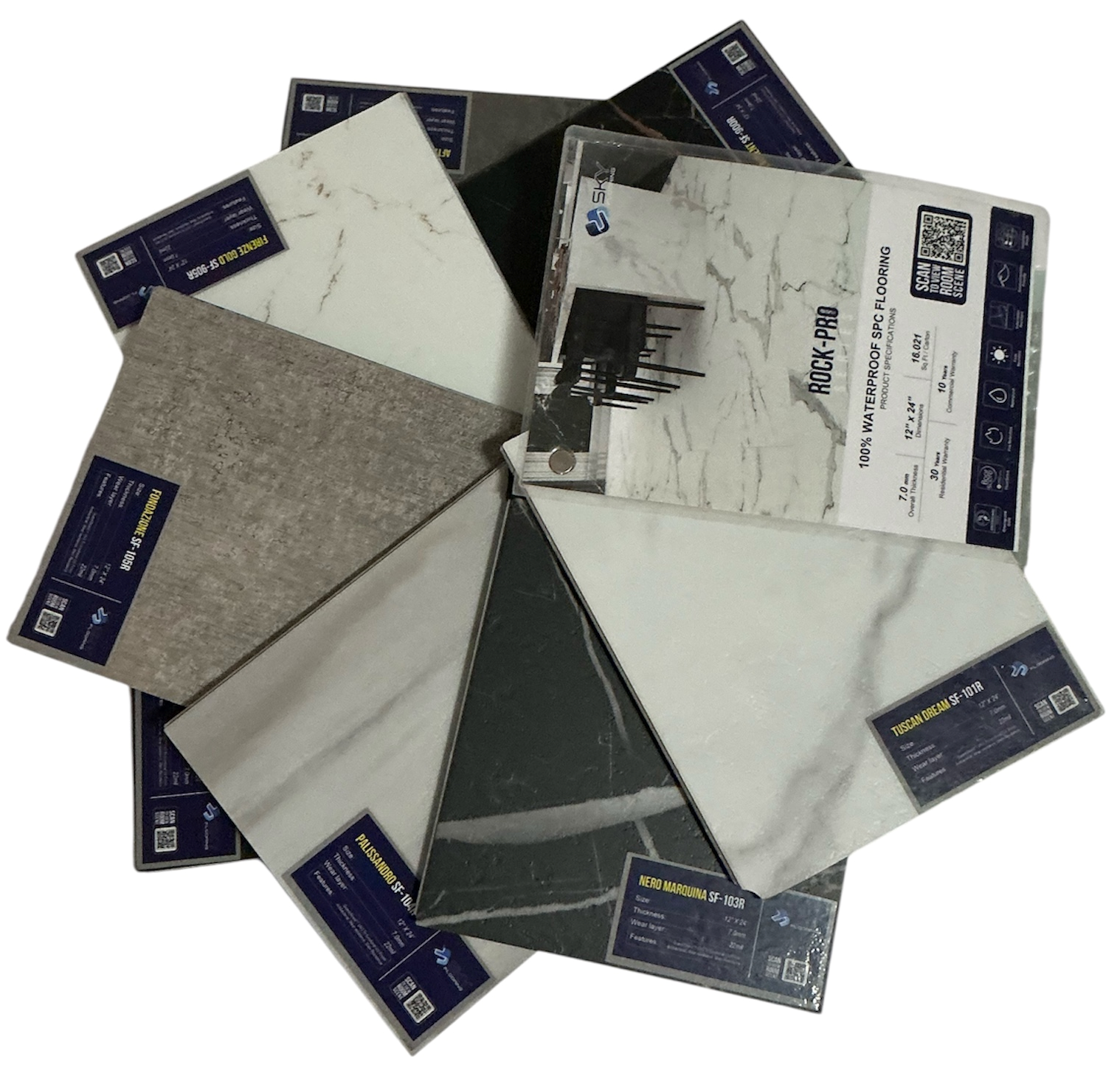 A fan displays multiple sample tiles for flooring and countertop options, featuring various marble and stone designs.