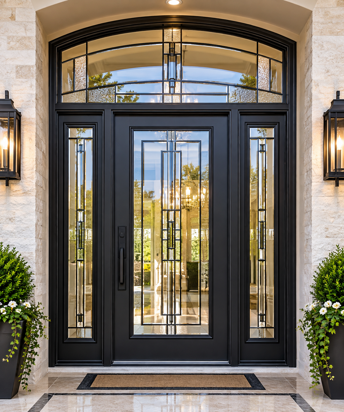 Front door with glass panels, black frame, and sidelight windows, flanked by two lamp fixtures, with potted plants and a doormat outside.
