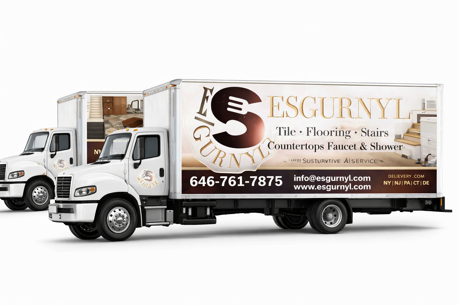 A delivery truck with an advertisement for Esgurnyl, a company that sells tile, flooring, stairs, countertops, faucet, and shower. The truck displays the company logo, contact information, and image of a hardwood staircase interior.
