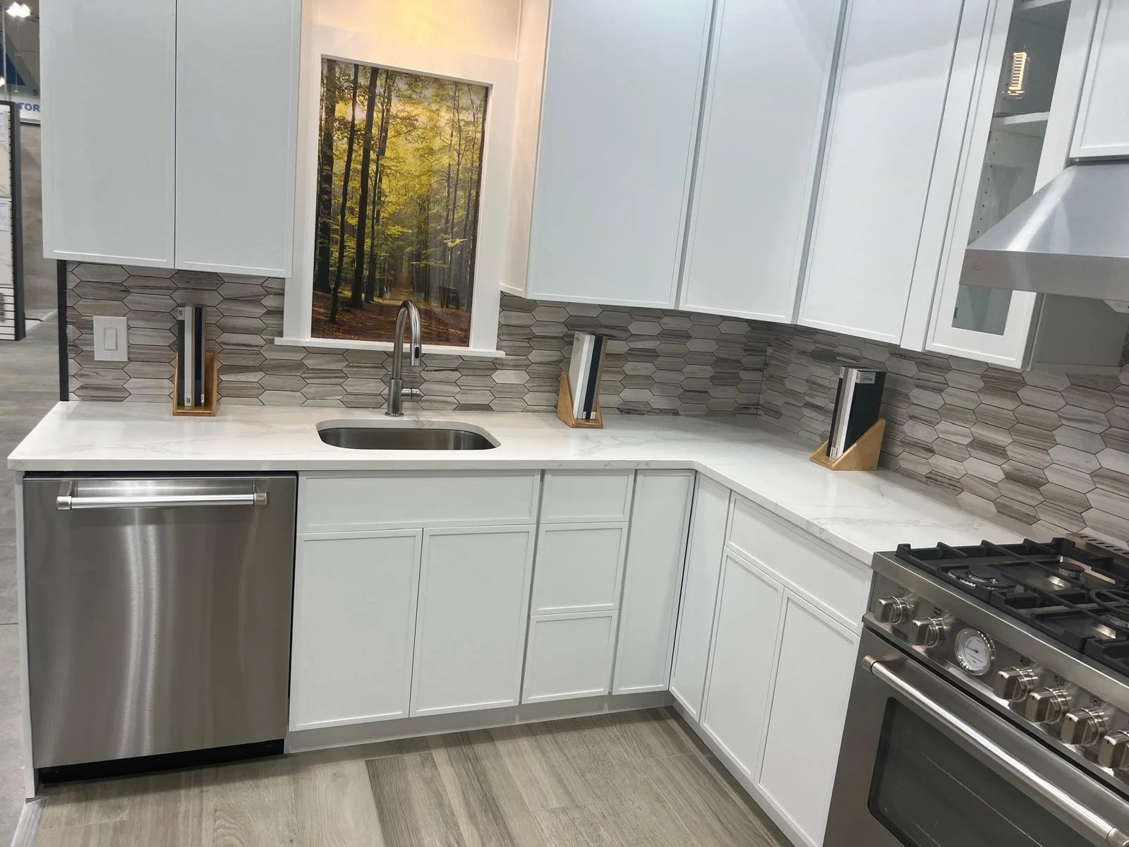 Modern kitchen with white cabinets, a stainless steel dishwasher and stove, a marble countertop, a hexagonal tile backsplash, a window with a forest scene, and a few decorative bookends.
