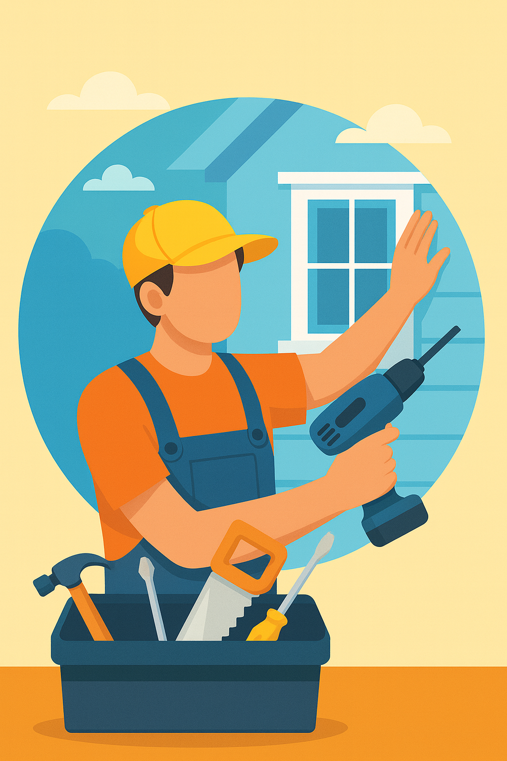 Illustration of a person wearing a yellow cap and orange shirt, holding a power drill, standing with their hand on a house wall. A toolbox with tools is in front of them. The background shows a house and a partly cloudy sky.