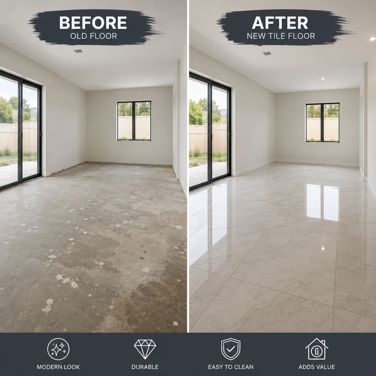 Comparison of a room before and after renovation: the left side shows unfinished, rough concrete flooring labeled 'Before Old Floor,' and the right side shows the same room with polished, shiny tile flooring labeled 'After New Tile Floor.'