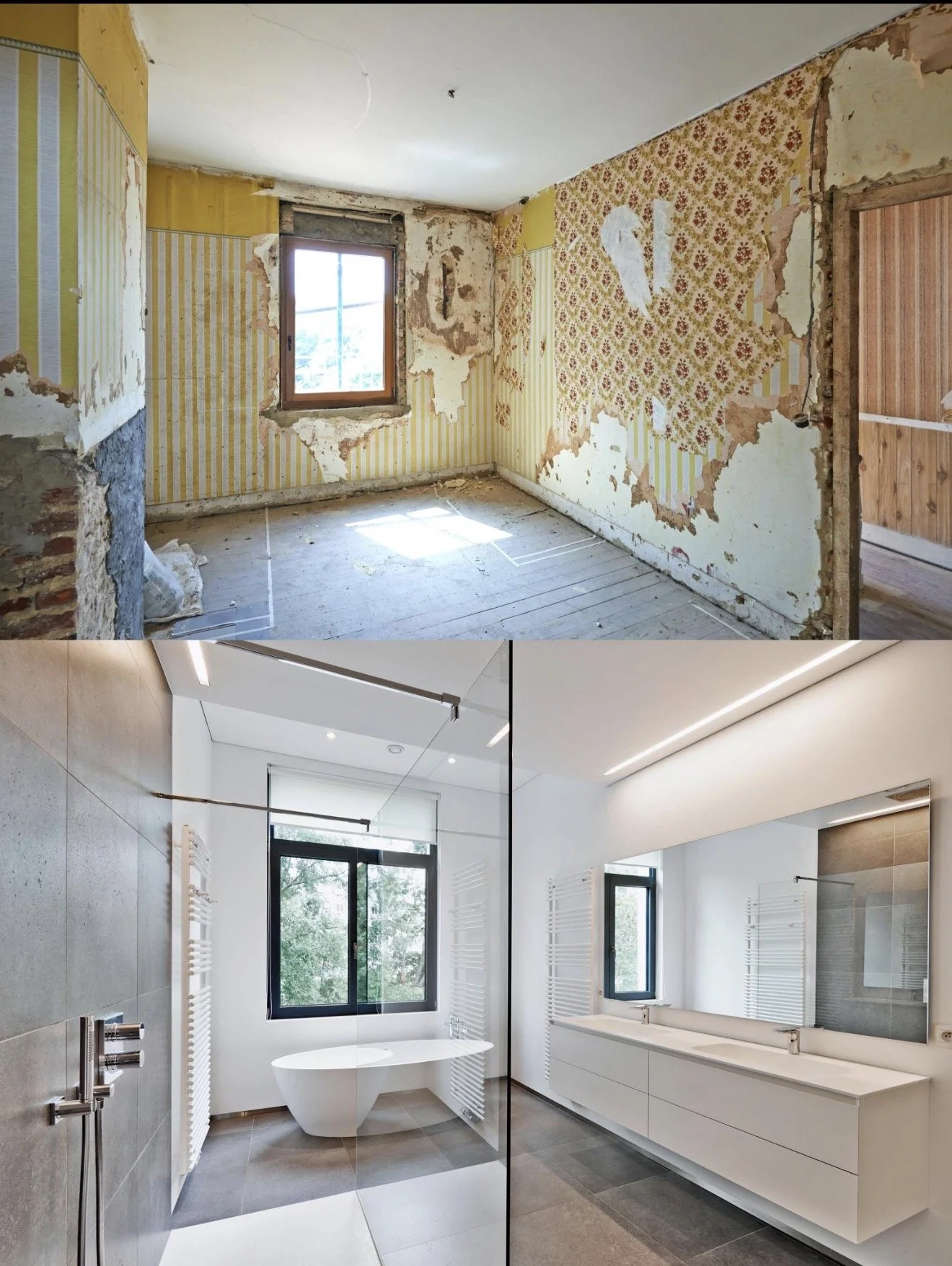 Comparison of an unfinished old room with peeling wallpaper and exposed brick to a modern renovated bathroom with sleek white fixtures and large windows.