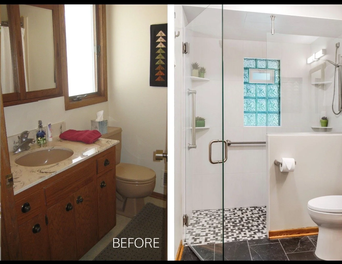 Side-by-side comparison of a bathroom before and after renovation. The left shows a small, outdated bathroom with a wooden vanity, beige sink, and small window. The right displays a modern, spacious bathroom with a glass shower, white walls, decorati