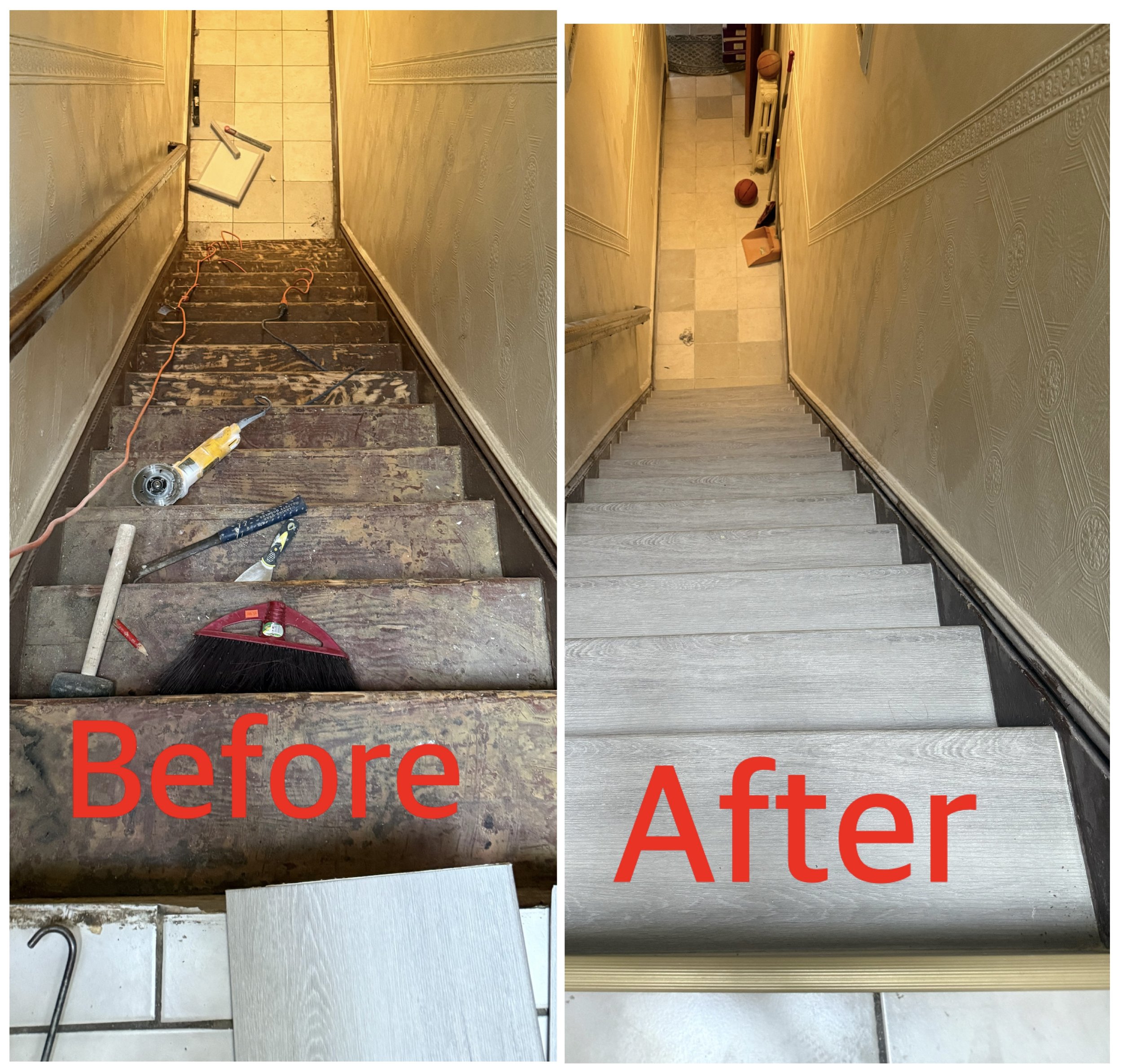 Comparison images showing a staircase before and after renovation. The left side depicts old, worn-out stairs with tools and repair supplies, while the right side shows newly installed, clean, gray stairs with furniture and items at the top.