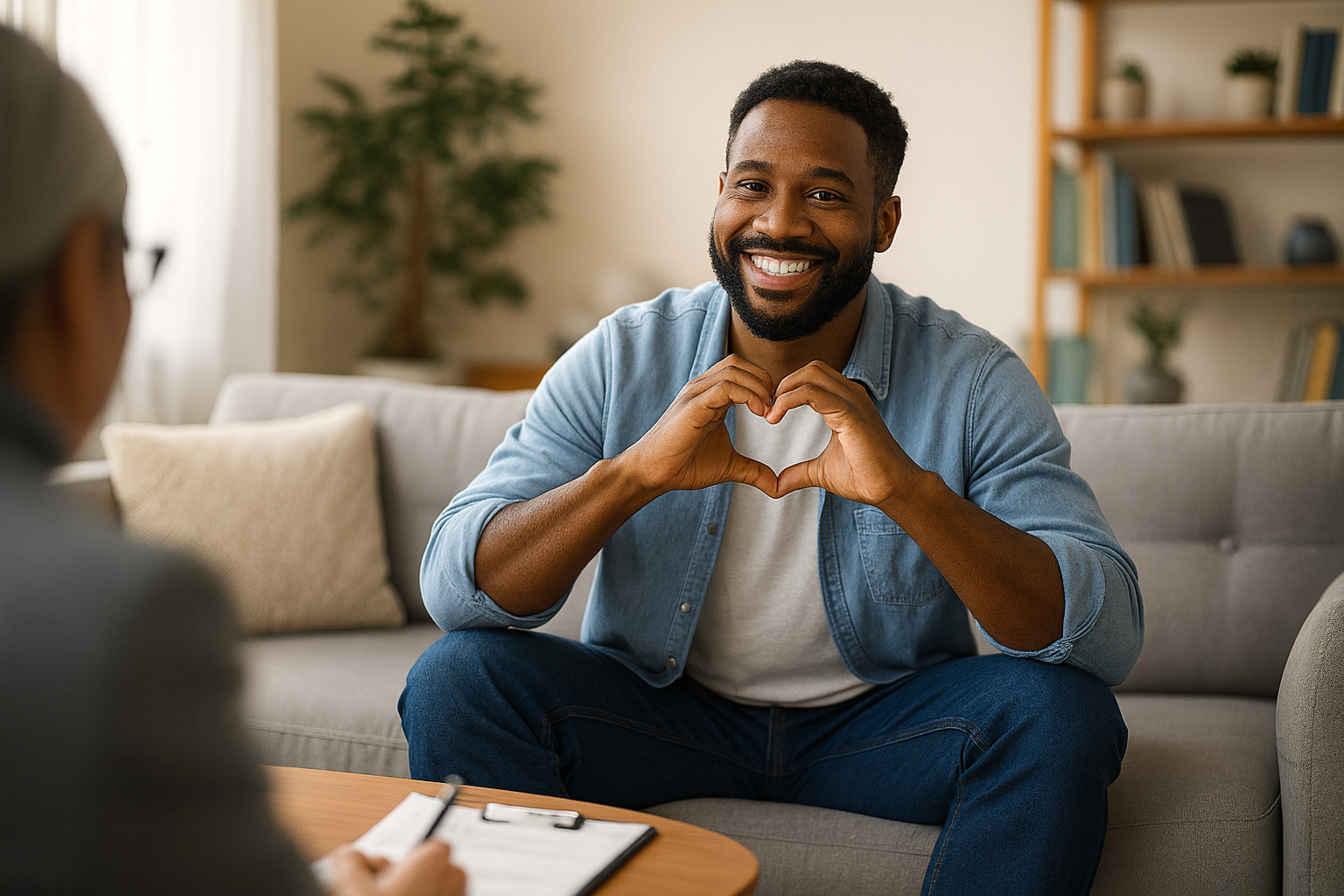 A smiling man making a heart with his hands, sitting in a living room during a therapy session.