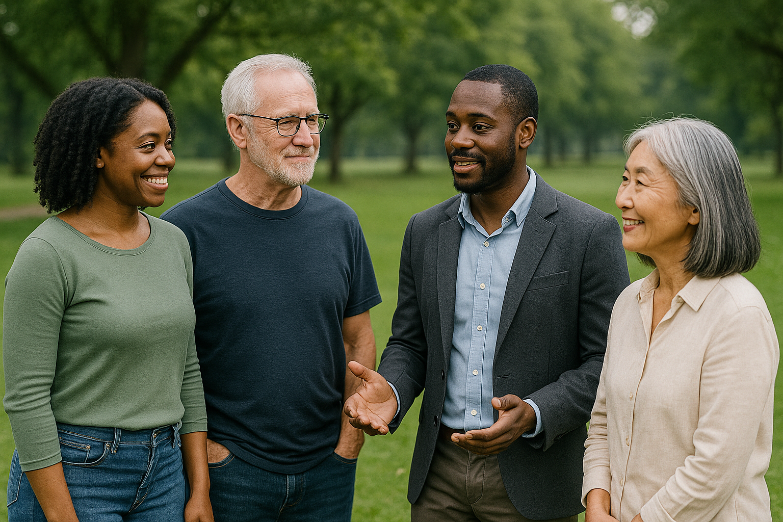 A group of four ethnically diverse adults having a conversation outdoors in a park with green trees in the background.