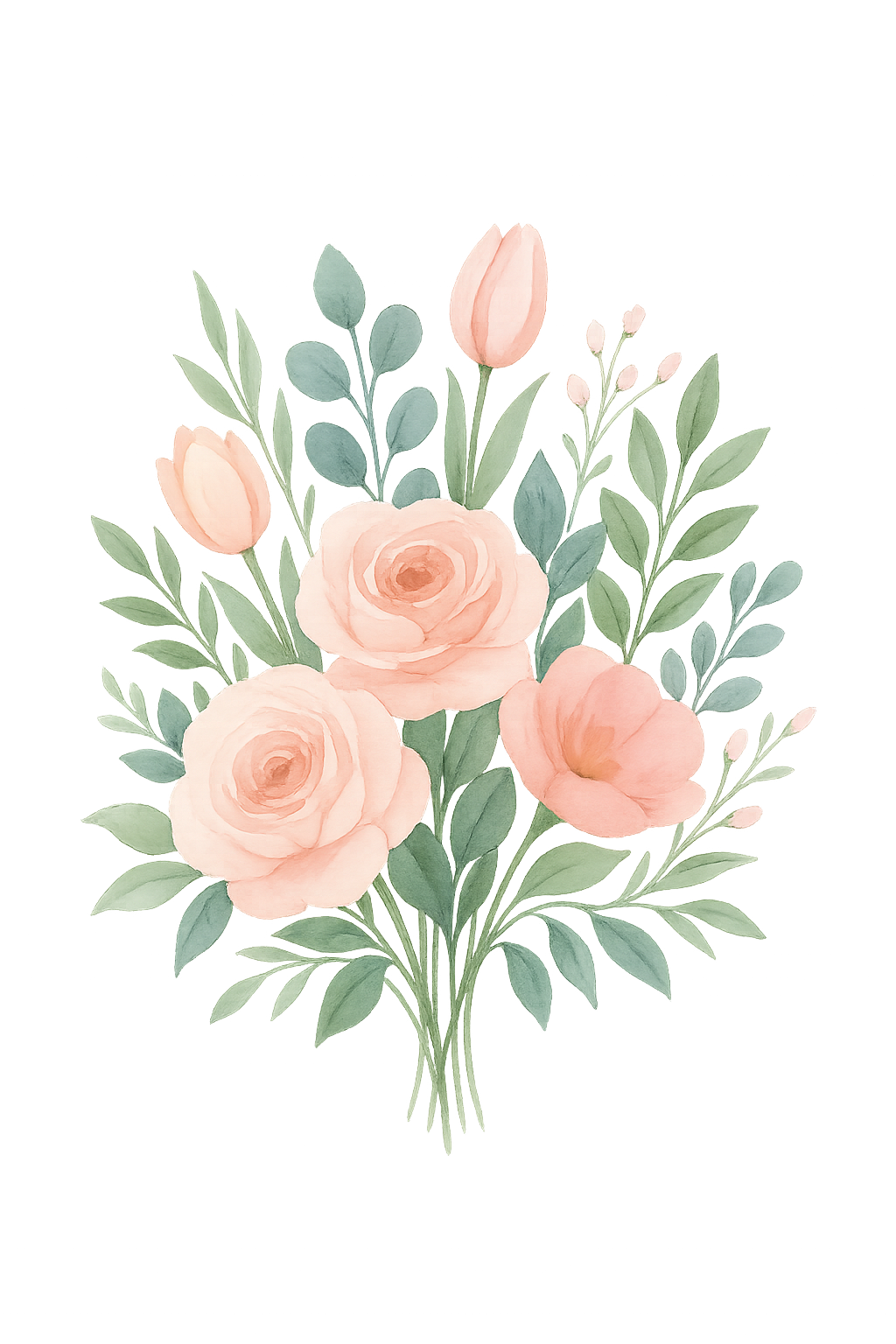Watercolor illustration of pink roses and tulips with green leaves.