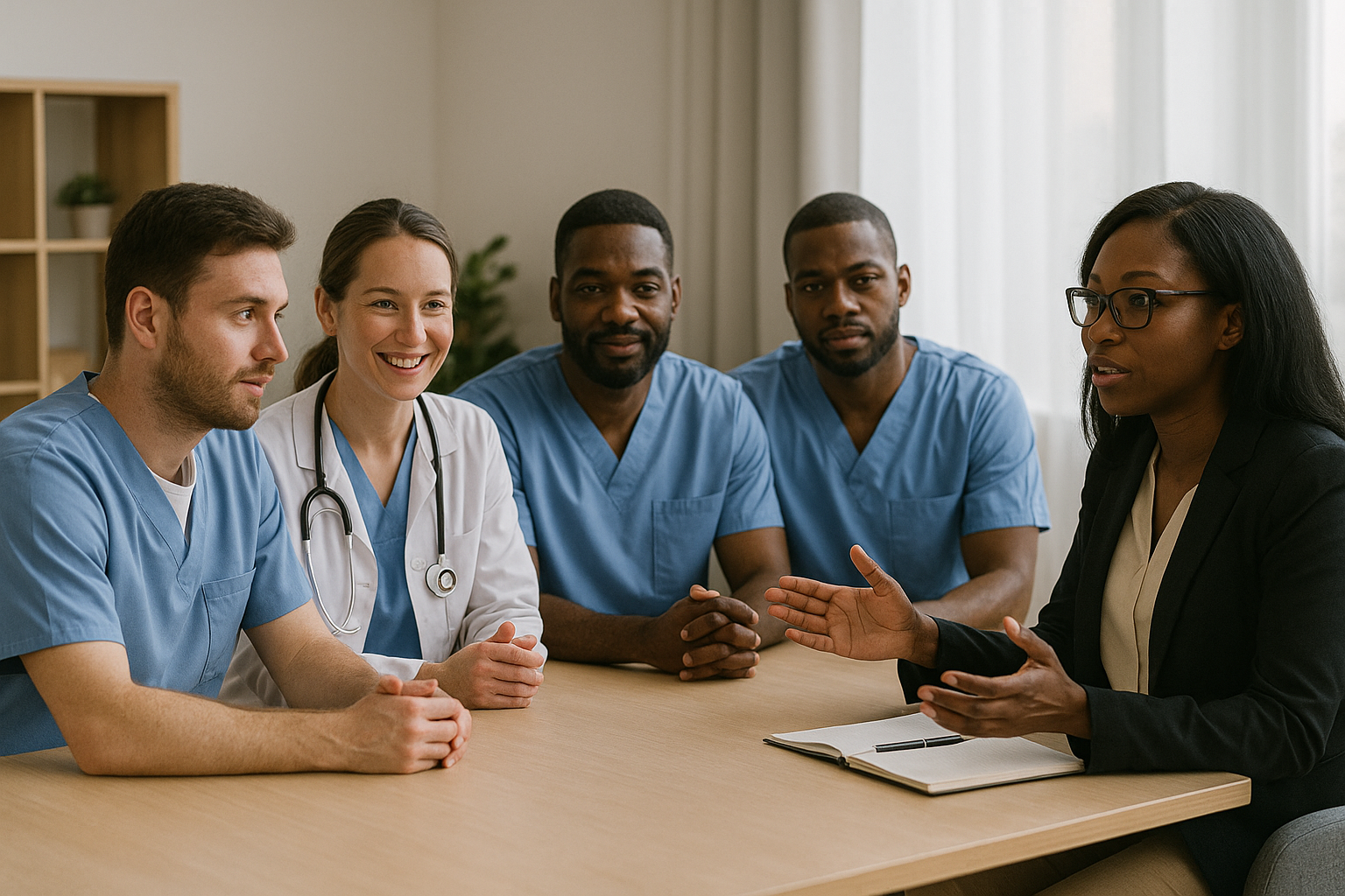 Group of healthcare professionals in a meeting, seated at a table, engaged in discussion.