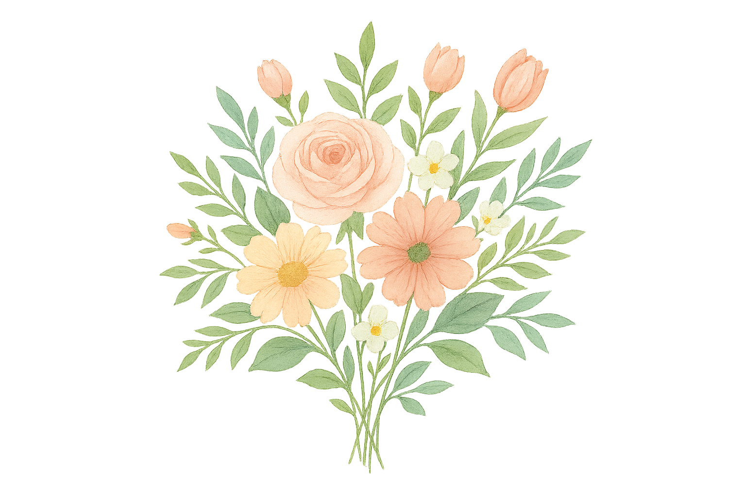 Watercolor illustration of a bouquet of flowers including roses, daisies, and smaller white flowers with green leaves.