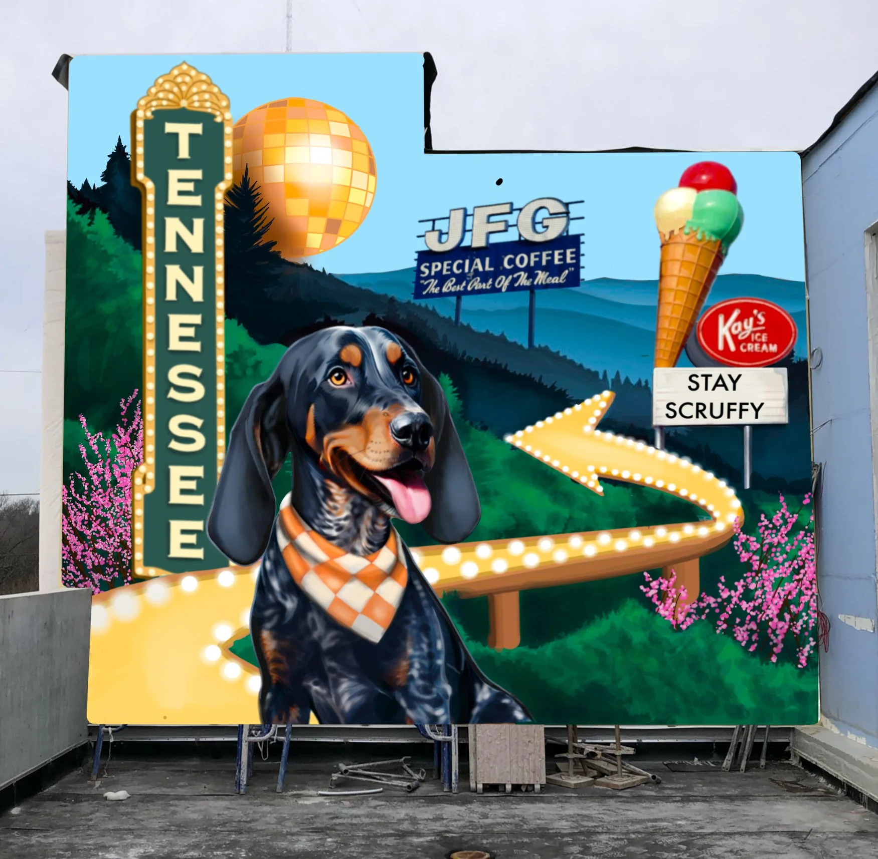 Colorful billboard featuring a black and tan dog with a bandana, a neon sign for Tennesssee, a disco ball, a sign for JEG Special Coffee, an ice cream cone, and a sign that says Stay Scruffy, with scenic mountains and pink flowering bushes in the background.