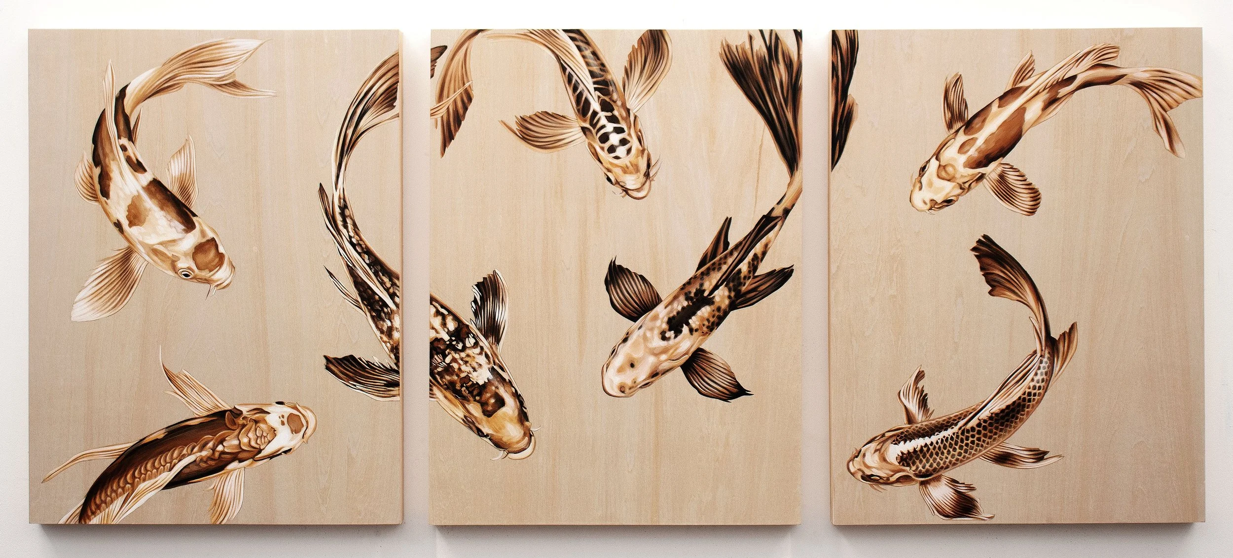 Koi Fish Triptych. Acrylic on wood panel, 24 x 18 inches, 2020.