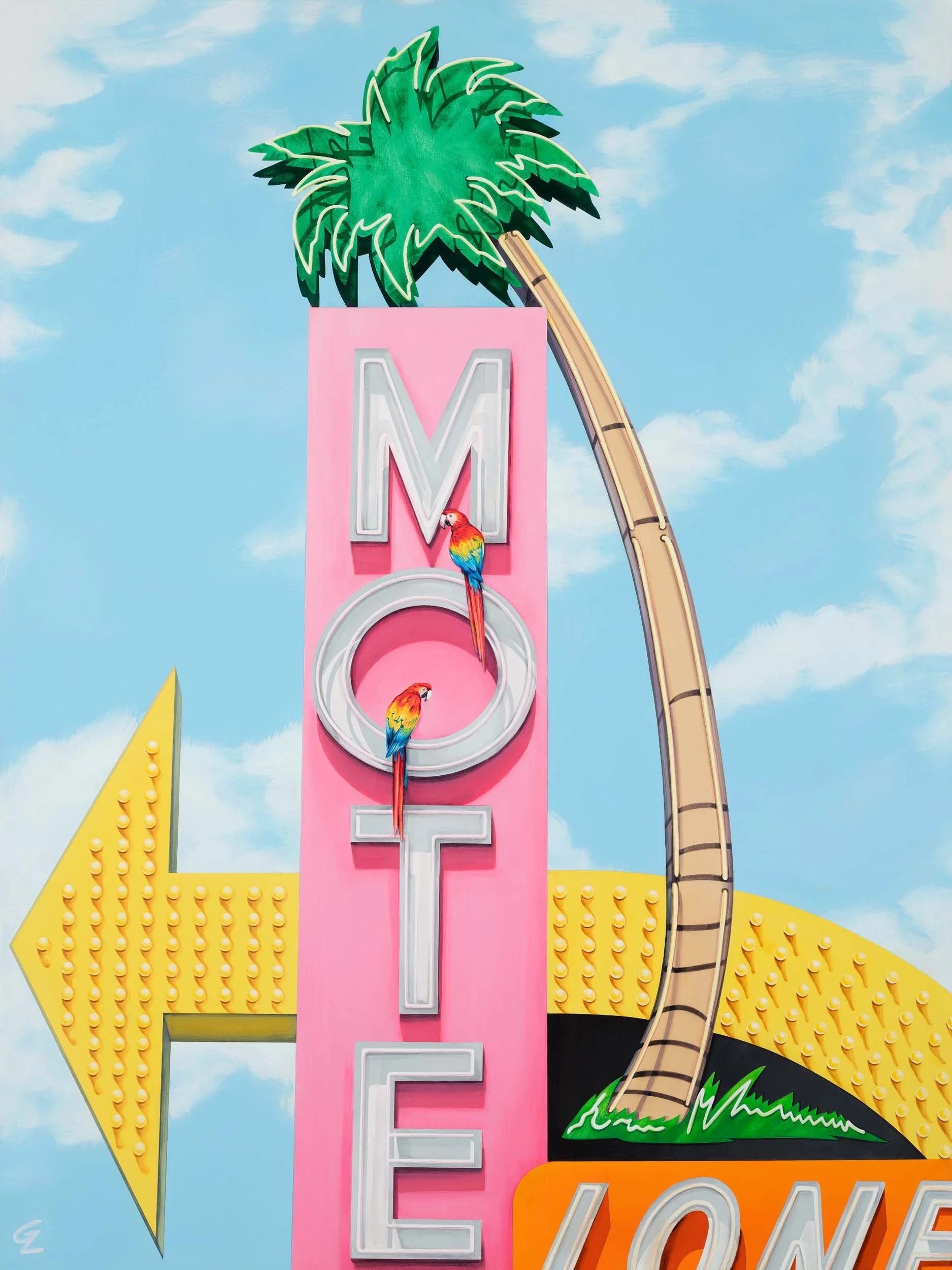 Lone Palm Motel. Acrylic on wood panel, 30 x 40 inches, 2024. Available.