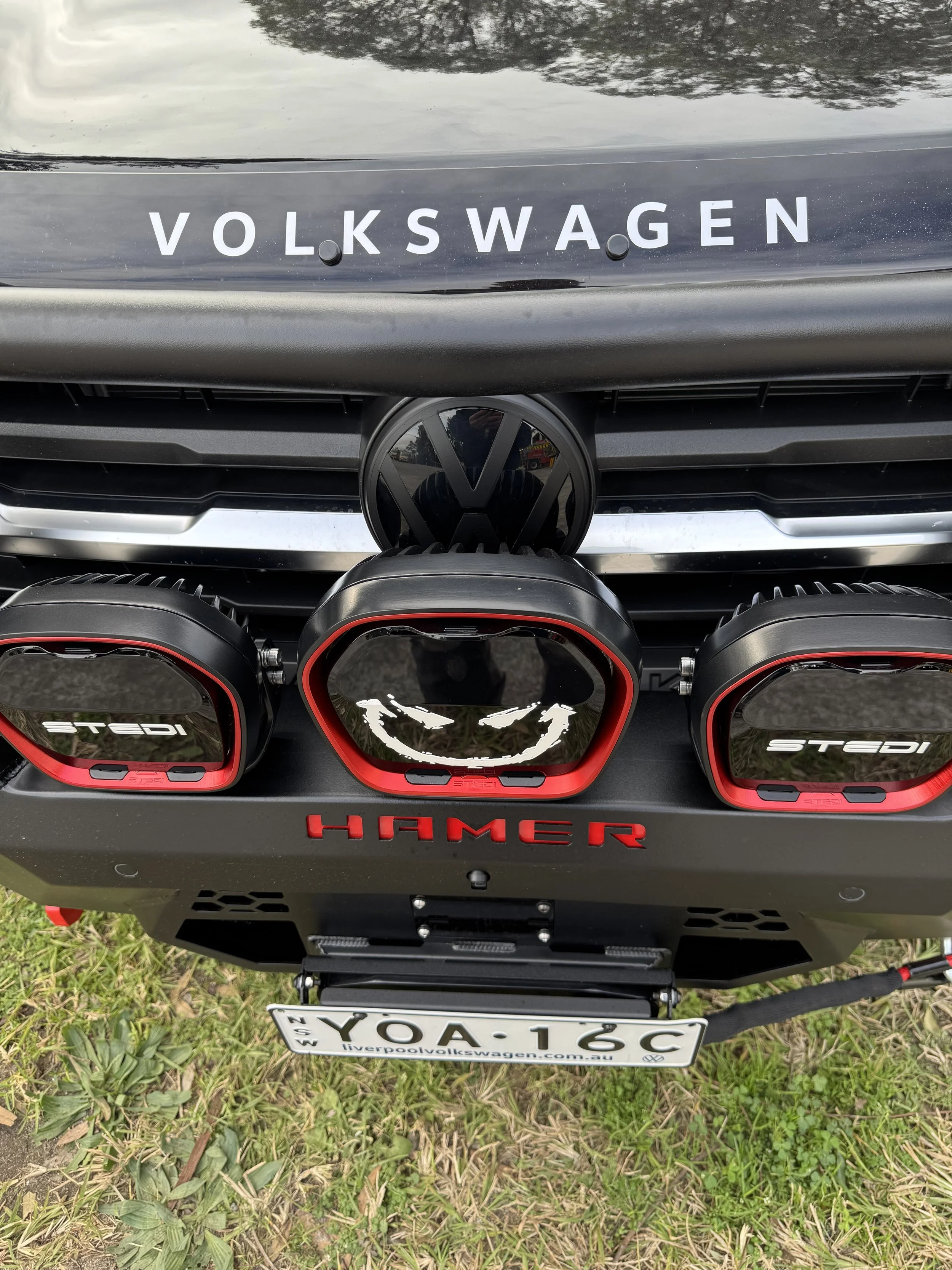 Steedi Evo X LED driving lights professionally installed on a Hamer bull bar on a 2024 VW Amarok during an auto electrical upgrade.