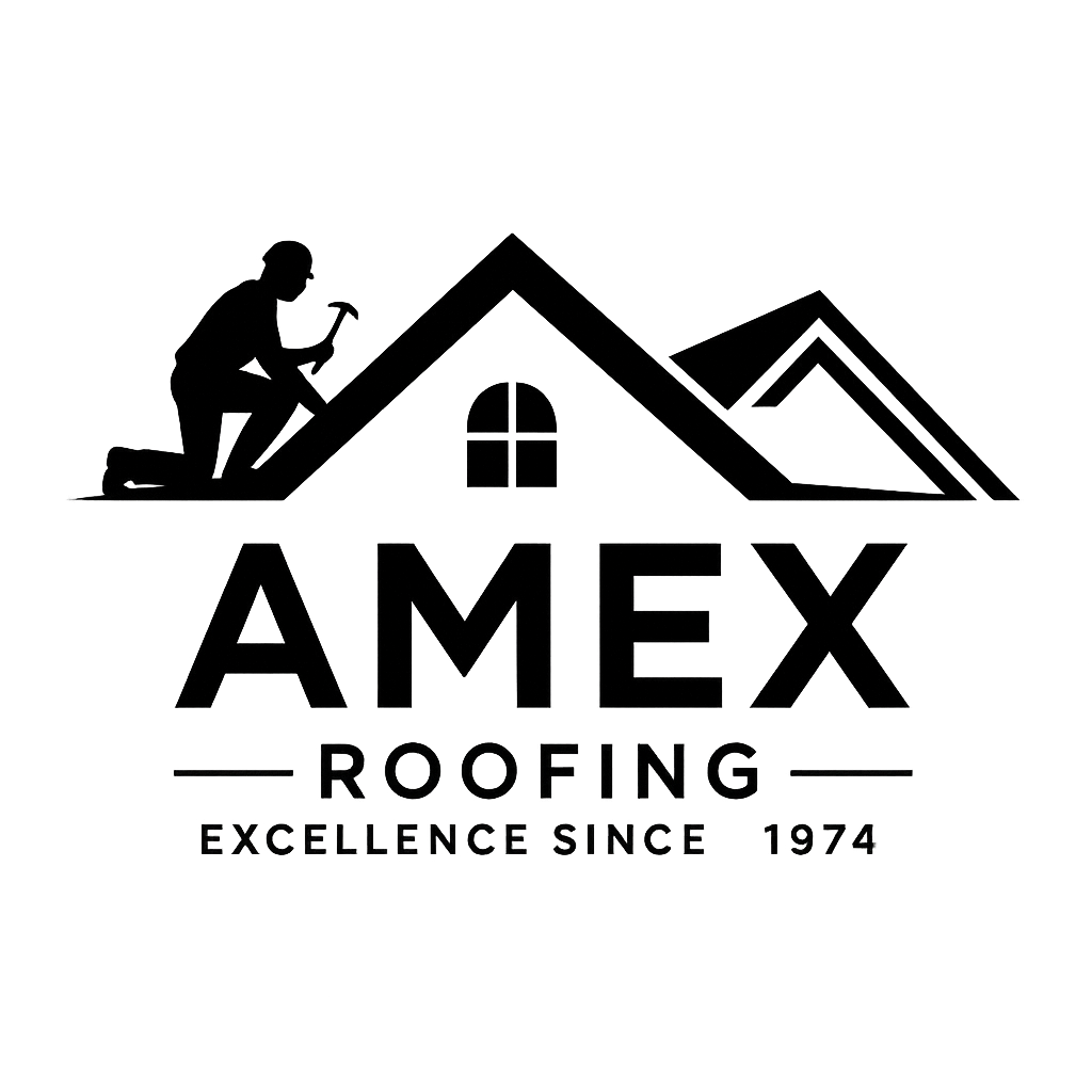 Logo for Amex Roofing, featuring a silhouette of a worker nailing shingles on a roof, with the company name and the tagline 'Excellence Since 1974'.