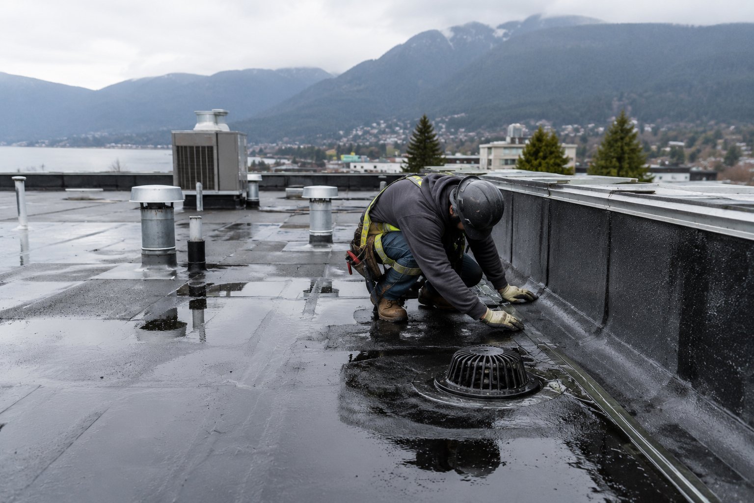 Professional roofing contractor installing roof drainage and waterproofing around a commercial roof drain in West Vancouver, BC. Amex Roofing & Drainage provides waterproofing, flat roof drainage, roof repairs, and leak prevention services.