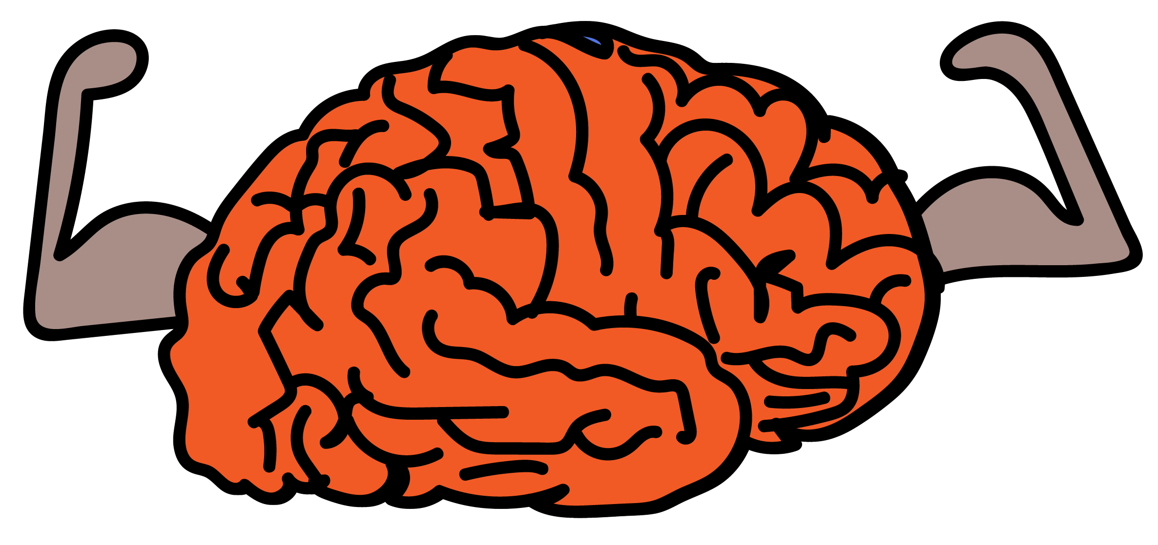 Illustration of a brain with muscular arms flexing.
