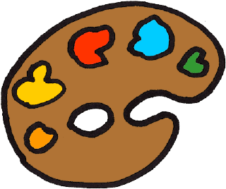 A painter's palette with red, blue, green, yellow, and orange paint on a brown wooden surface.
