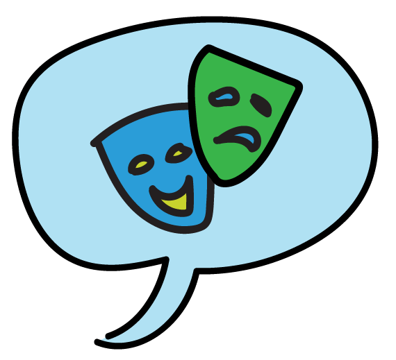 A speech bubble containing two theatrical masks, one happy blue mask and one sad green mask, representing comedy and tragedy.