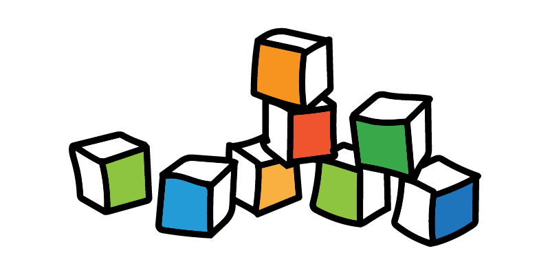 Colorful blocks with black outlines, in colors green, blue, orange, red, and white, arranged in a dynamic pattern.