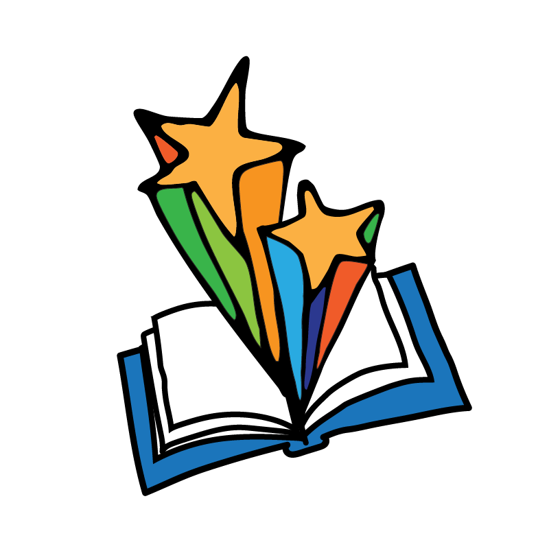 Colorful book with shooting stars emerging from the pages.