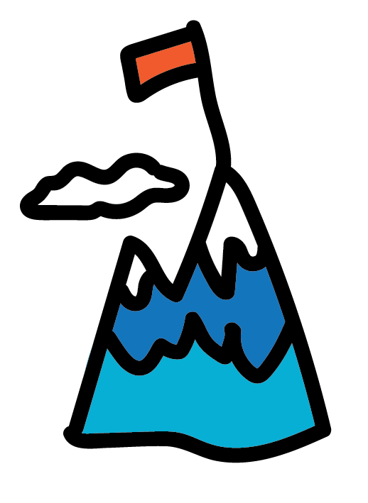 A simplified illustration of a mountain, with a peak covered in snow, a red flag on top, a cloud in the sky, and a sunrise or sunset behind the mountain symbolizing a challenge conquered.