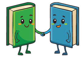 Cartoon of two colorful books with faces and arms, shaking hands