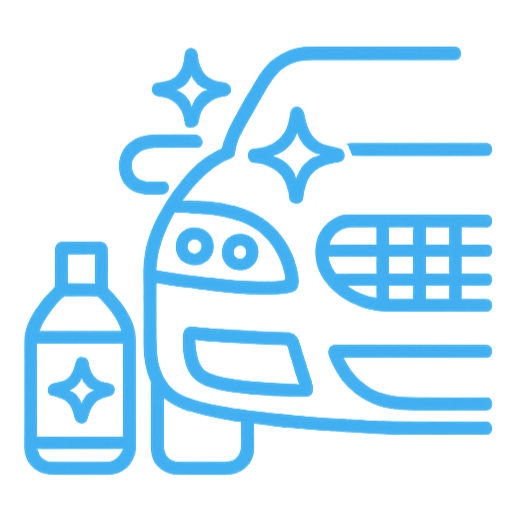 Line drawing of a car with a bottle of cleaning product nearby, indicating car cleaning or detailing.