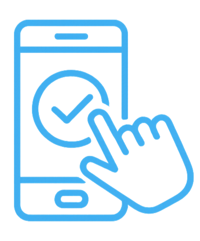 Icon of a smartphone with a checkmark inside a circle and a hand tapping on the screen.