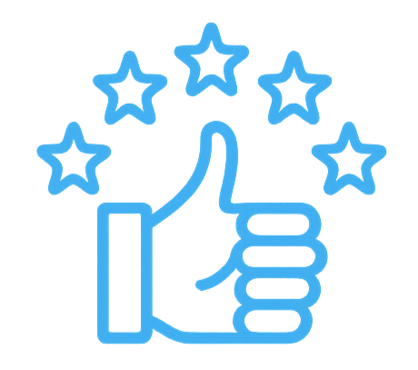 Blue outline of a thumbs-up hand gesture surrounded by five stars.