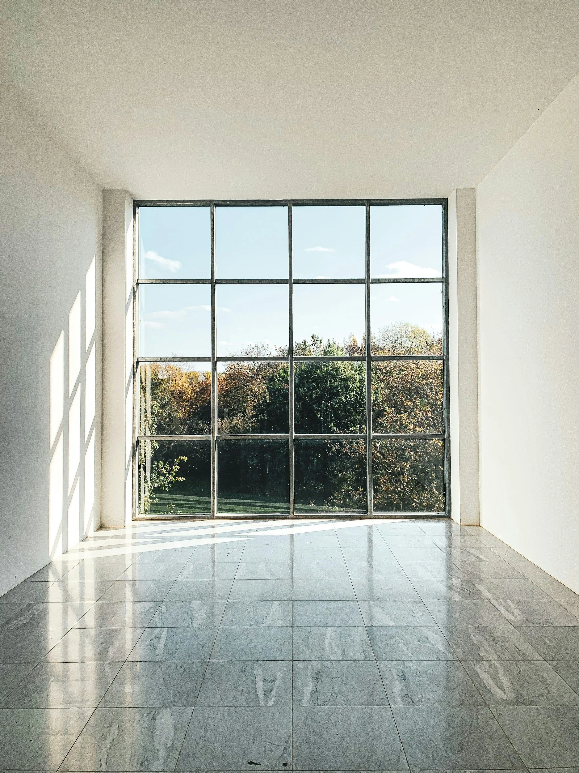 Empty room with large floor-to-ceiling window showing trees and blue sky outside, sunlight casting shadows on the tiled floor.