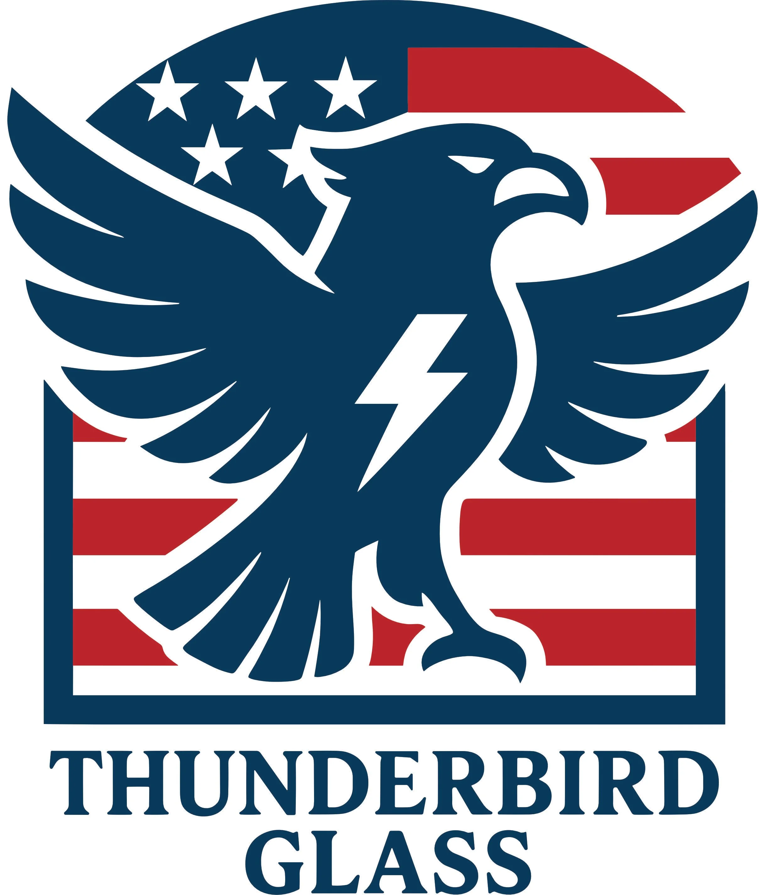 A logo for Thunderbird Glass featuring a dark blue eagle with outstretched wings, a lightning bolt on its chest, and an American flag in the background. The text "Thunderbird Glass" appears at the bottom.