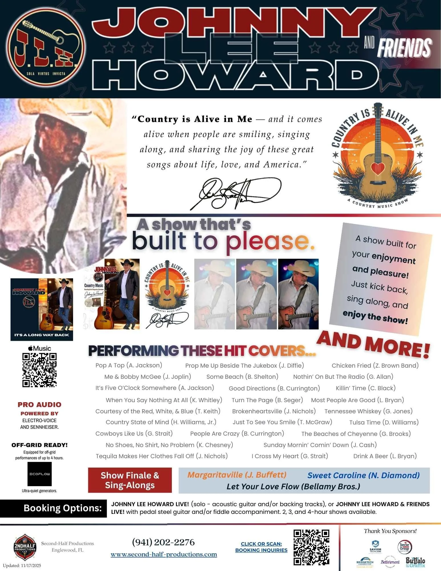 An image of Johnny Lee Howard and Friends live including set list and QR codes for booking Johnny Lee Howard