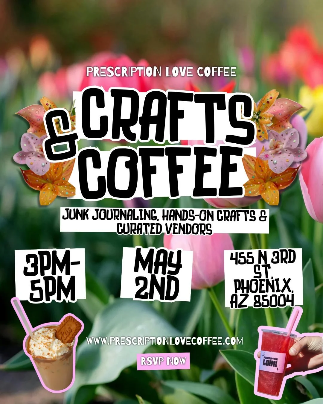 craft, sip, and romanticize your life a little 💌✨

join us for an afternoon of junk journaling, hands-on crafts, and the cutest curated vendors all paired with your favorite drinks from Prescription Love Coffee ☕️💘

this is your moment to slow down