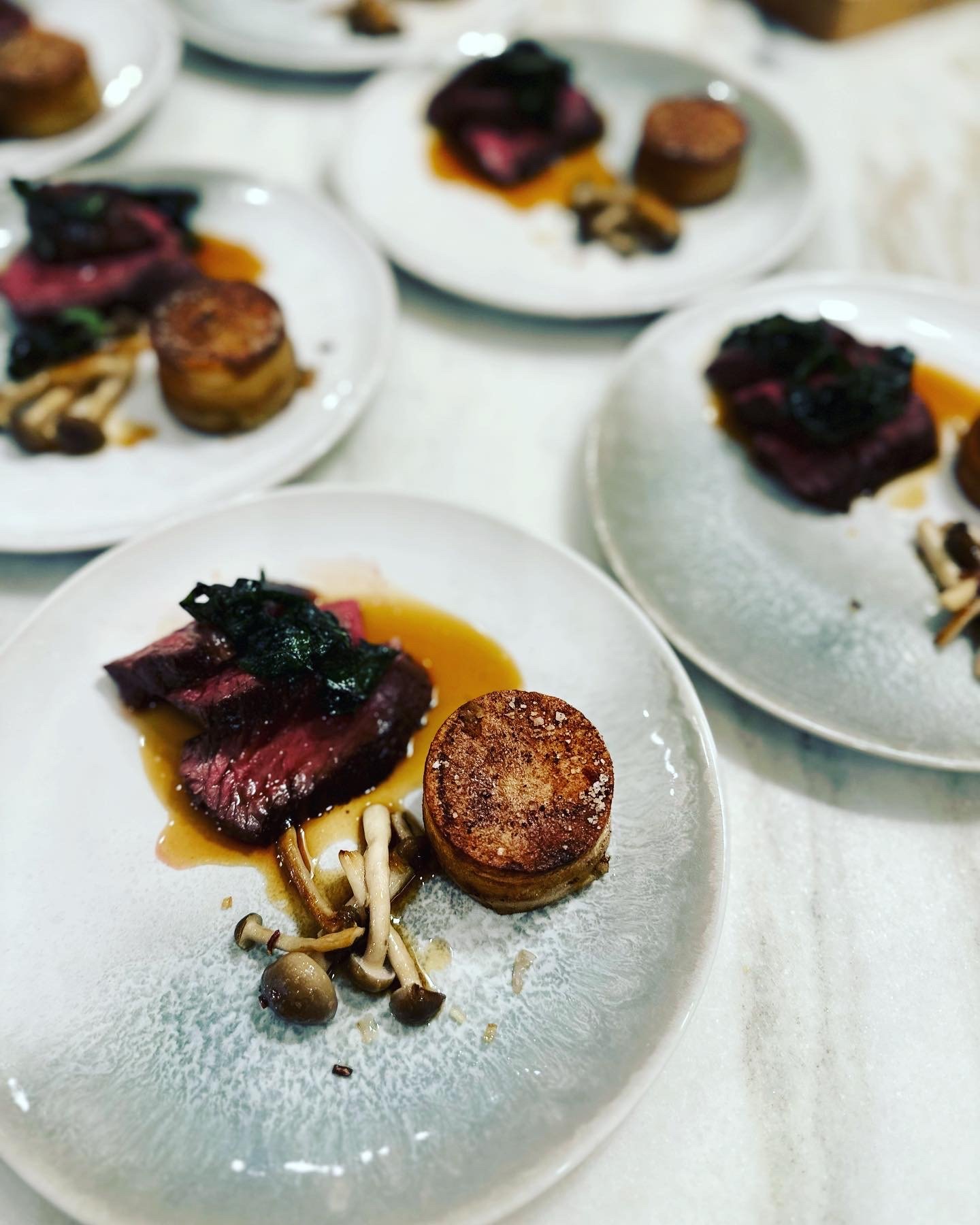 Hanger steak, fondant potato, and mushroom