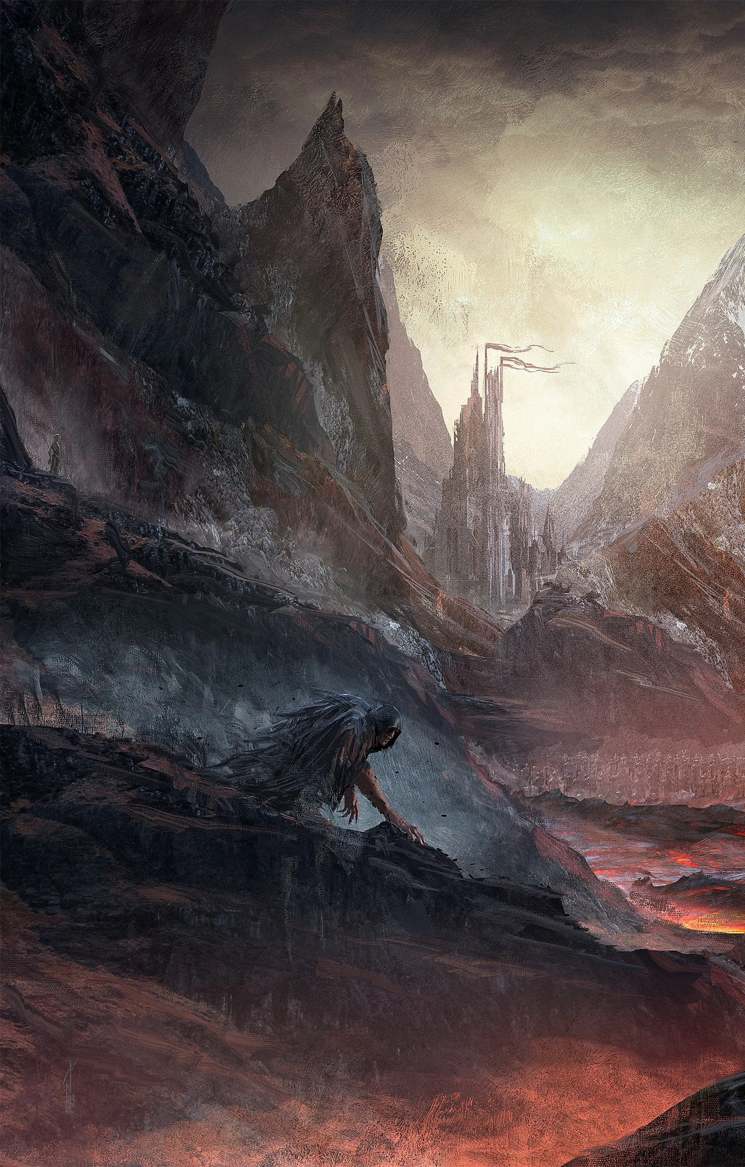 Fantasy illustration of a cloaked figure climbing rocky terrain toward distant mountains.