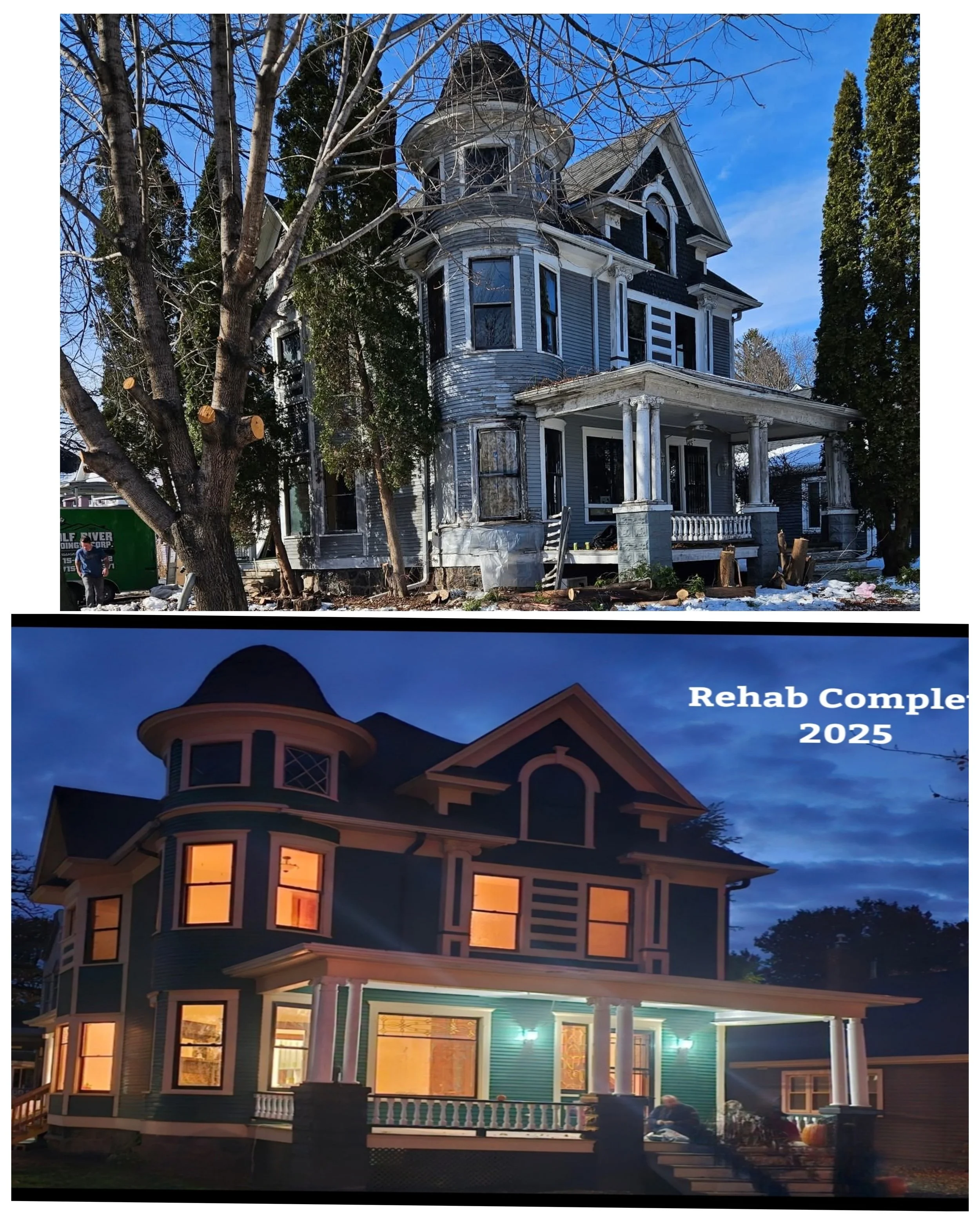 Before and after images of a house renovation. The top photo shows a dilapidated, old Victorian house with peeling paint, broken windows, and overgrown yard. The bottom photo shows the same house after renovation in 2025, with a fresh coat of paint, new windows, and a well-maintained yard, under evening lighting.
