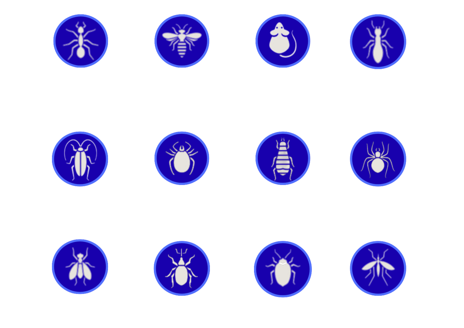 Diagram showing different pests and their common hosts, including ants, bees, beetles, fleas, mites, termites, and flies.