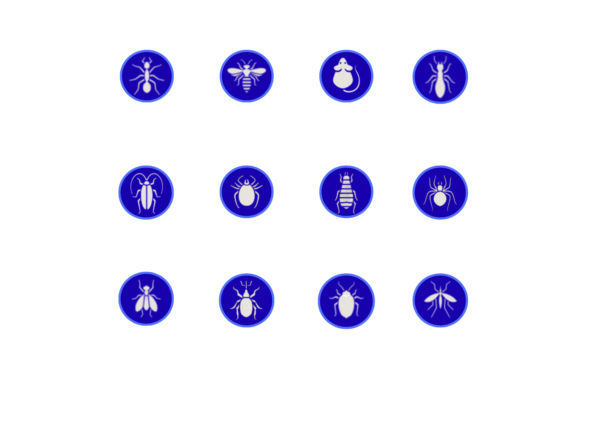 Diagram illustrating various pests, including ants, bees, fleas, beetles, mites, ticks, and flies, with labels and categories.