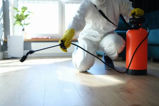 Person in protective gear using a fumigation spray on a wooden floor.