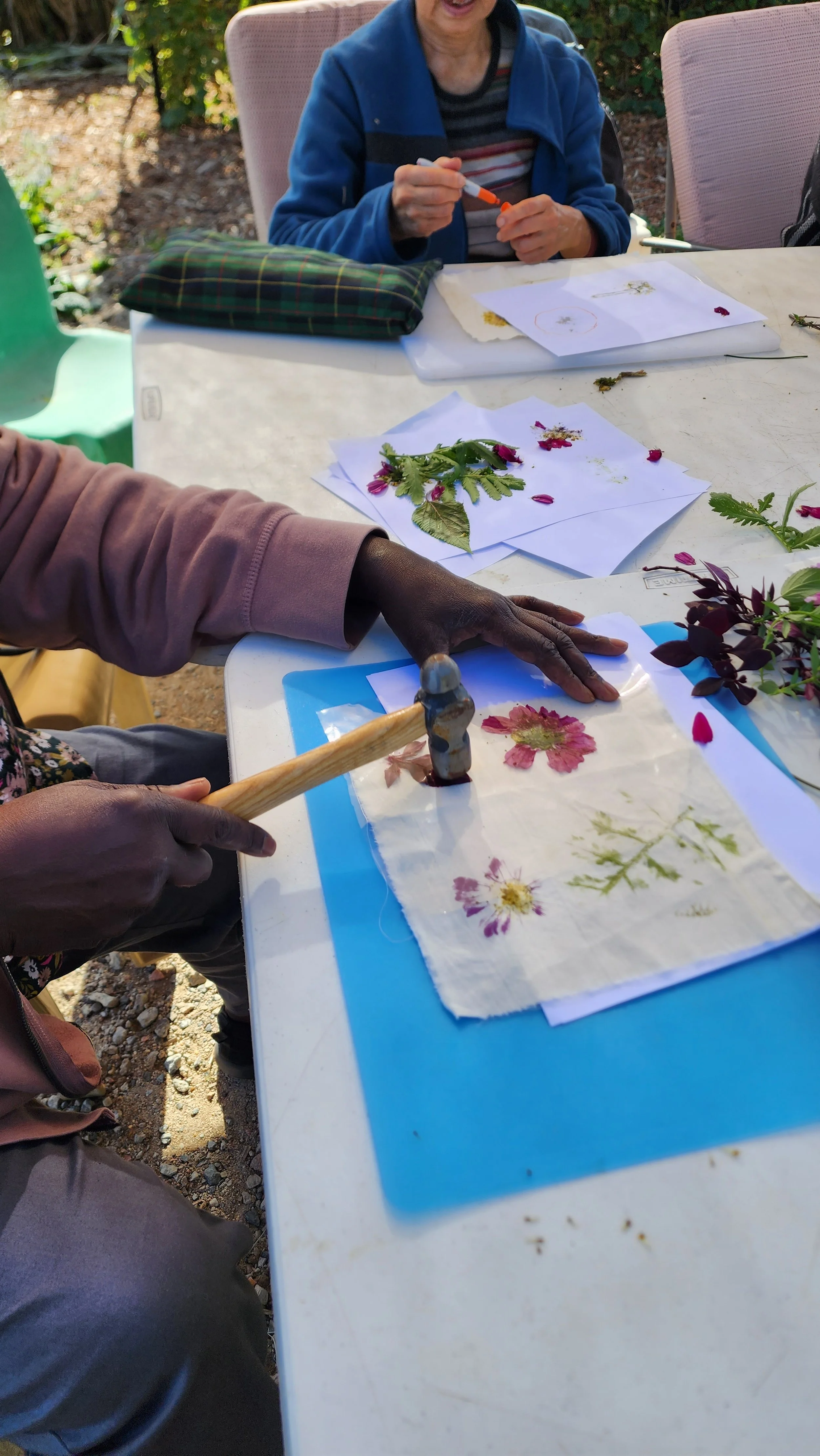 People seated at a table engaged in botanical or herb pressing activity outdoors, with pressed flowers and leaves on paper, some being hammered to preserve the plant specimens.
