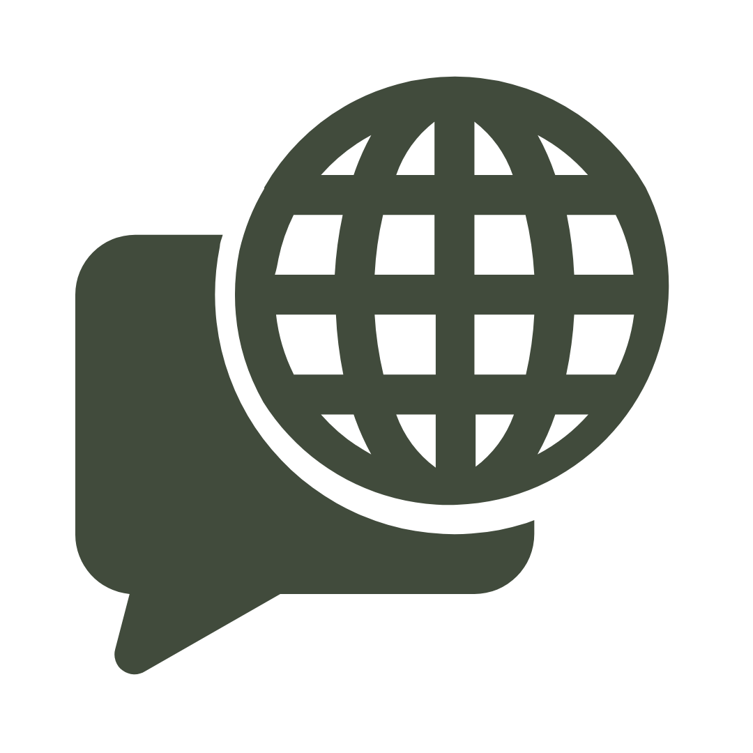 Icon of a speech bubble with a globe symbol indicating global communication or internet connectivity.