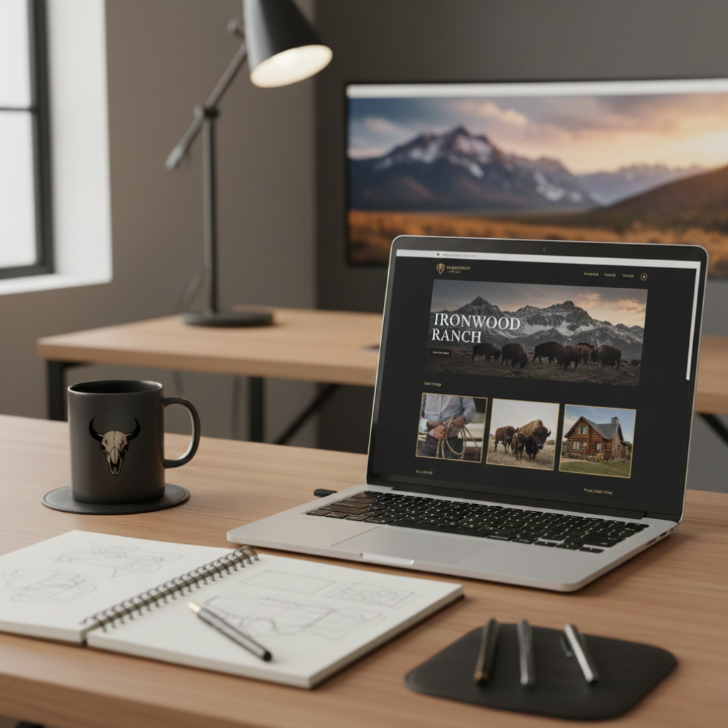 A workspace with a laptop displaying a website for Ironwood Ranch, a black mug with a bull skull logo, an open sketchbook with thumbnail sketches and a pen, three pens on a black mouse pad, a desk lamp, a wooden table, and a window with natural light in a room with a mountain landscape image on the wall.